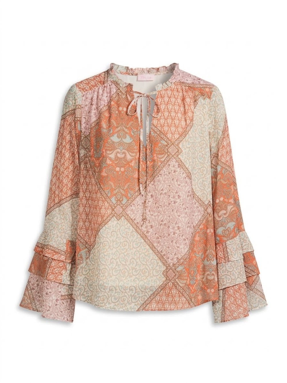 Pink Lily Patchwork Tie-Neck Blouse in Pink & Orange